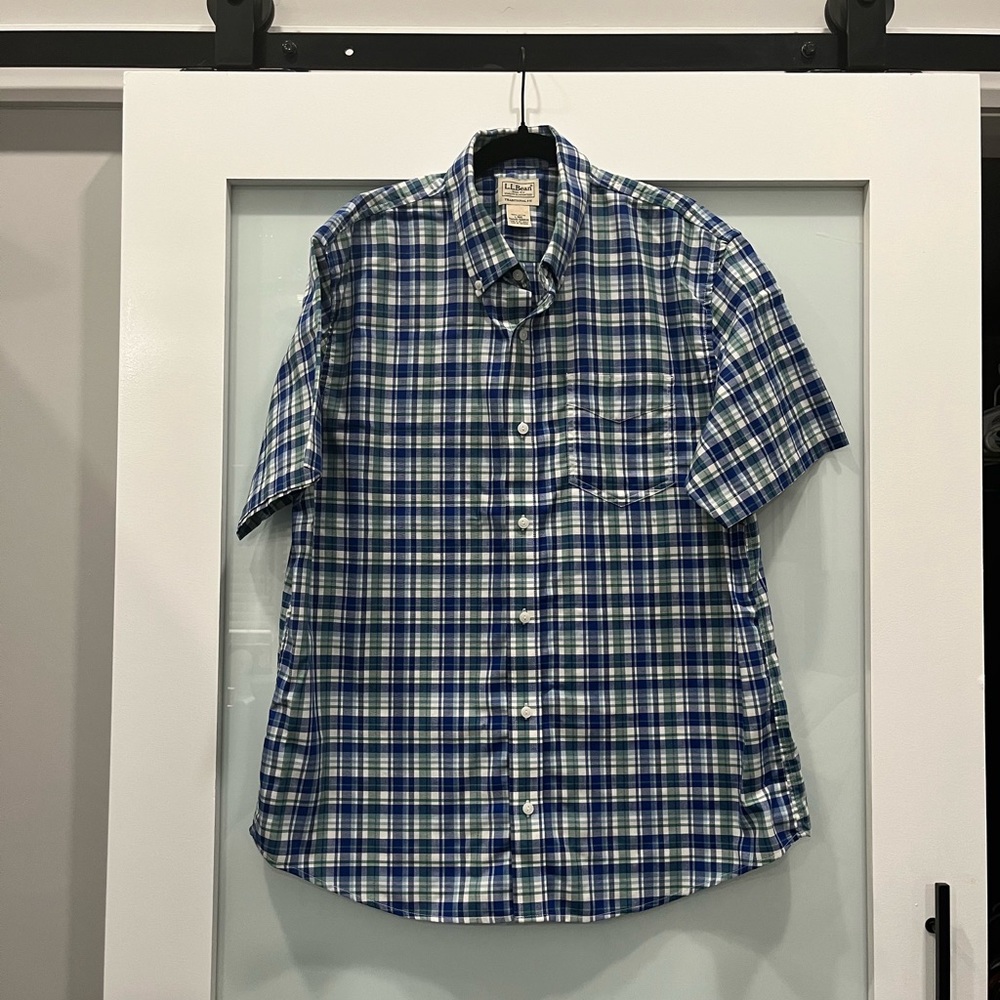 L.L. Bean Button Down Short Sleeve Plaid Collared Shirt, Size Large